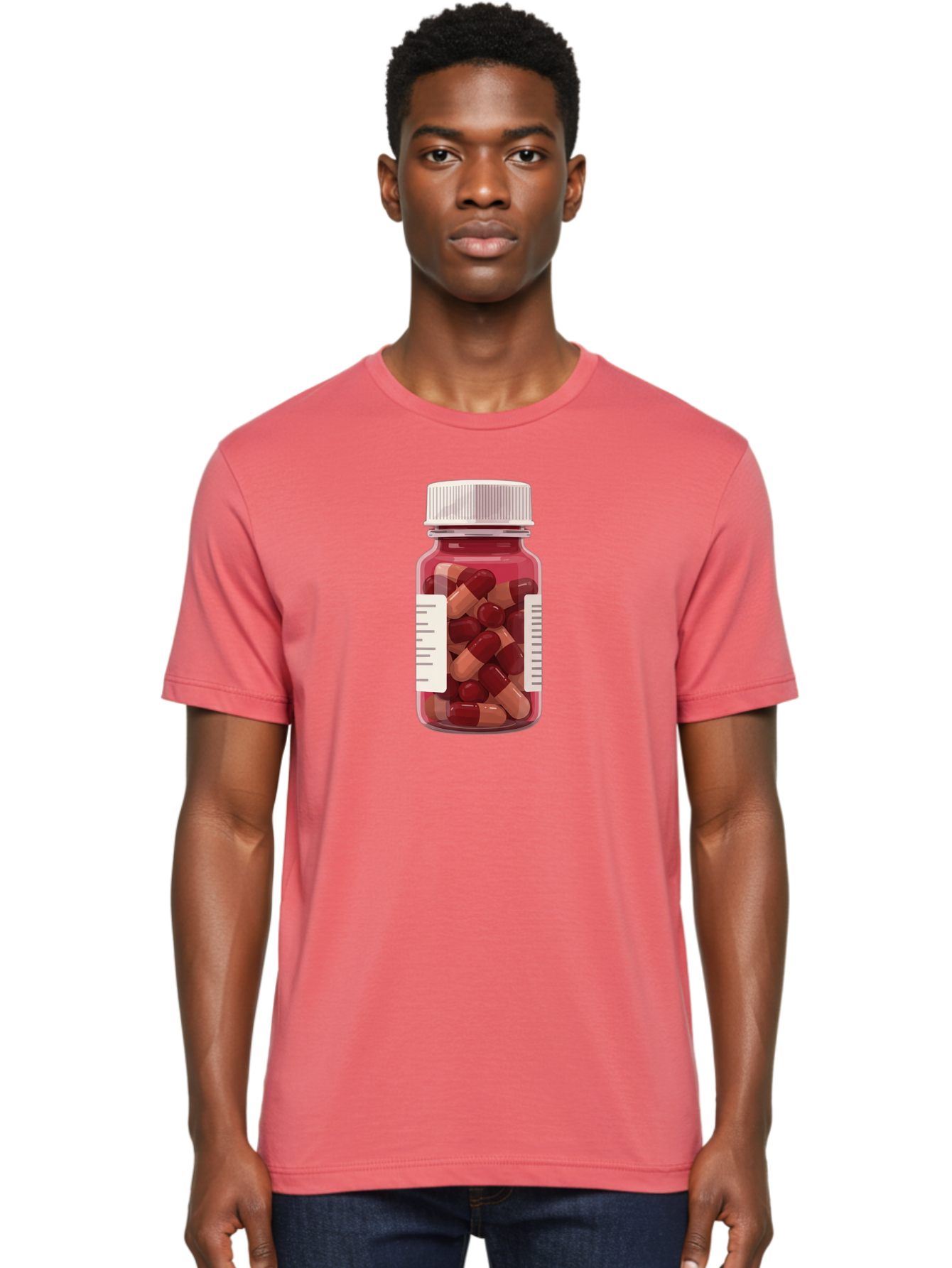 Prescription-Bottle Men'S Graphic Tee, 100% Cotton, Comfortable Casual Summer Wear, Machine Washable, Prescription Medication, Pharmaceuticals, Pill Bottle, Red And Beige Capsules, Medicine Container, Healthcare Supplements, Dietary Pills Bab258