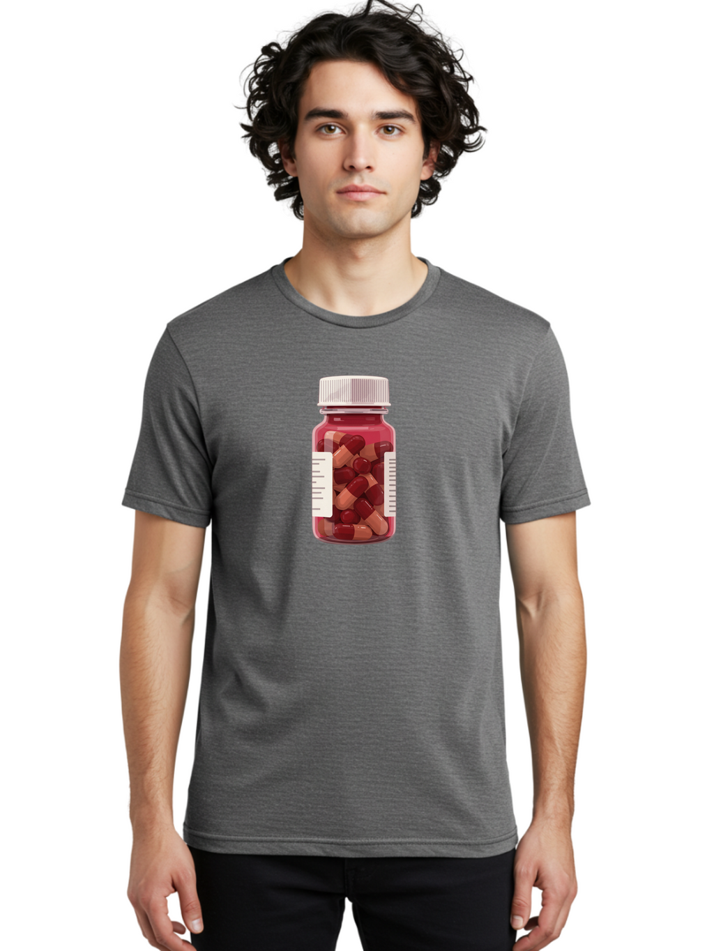 Prescription-Bottle Men'S Graphic Tee, 100% Cotton, Comfortable Casual Summer Wear, Machine Washable, Prescription Medication, Pharmaceuticals, Pill Bottle, Red And Beige Capsules, Medicine Container, Healthcare Supplements, Dietary Pills Bab258