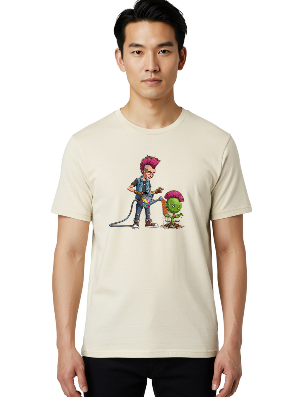 Punk-Watering-Plant Men'S Graphic Tee, 100% Cotton, Comfortable Casual Summer Wear, Machine Washable, Punk Rock Character, Mohawk Hairstyle, Watering Can, Graffiti Art, Punk Plant, Urban Gardening, Street Culture, Vibrant Colors, Bab260