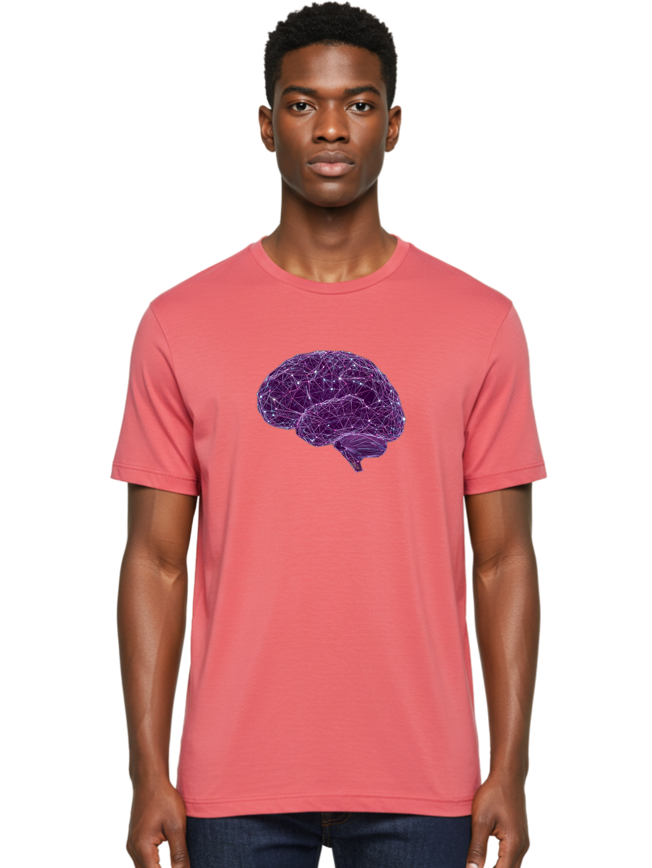 Purple-Brain Men'S Graphic Tee, 100% Cotton, Comfortable Casual Summer Wear, Machine Washable, Digital Brain, Futuristic, Artificial Intelligence, 3D Rendering, Low Poly, Geometric, Neural Connections, Cognitive Function, Technology, Bab261
