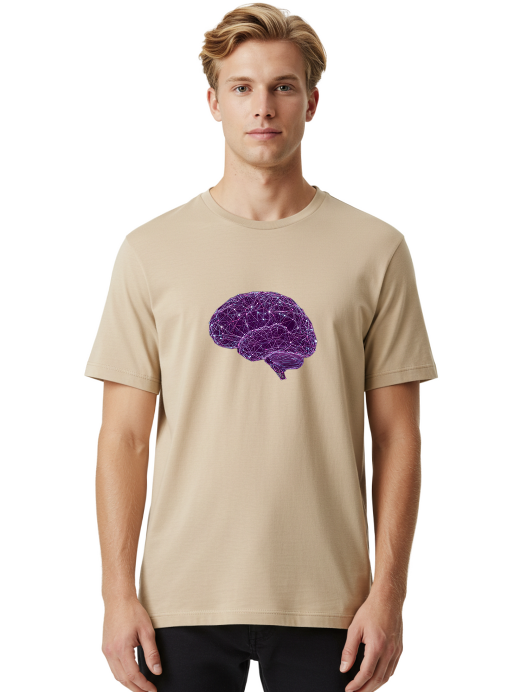 Purple-Brain Men'S Graphic Tee, 100% Cotton, Comfortable Casual Summer Wear, Machine Washable, Digital Brain, Futuristic, Artificial Intelligence, 3D Rendering, Low Poly, Geometric, Neural Connections, Cognitive Function, Technology, Bab261