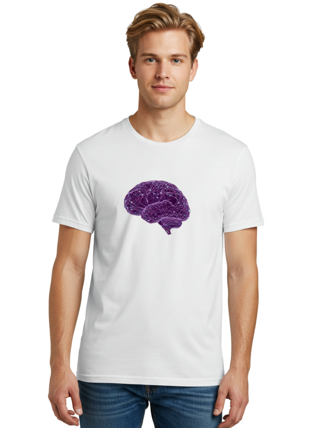 Purple-Brain Men'S Graphic Tee, 100% Cotton, Comfortable Casual Summer Wear, Machine Washable, Digital Brain, Futuristic, Artificial Intelligence, 3D Rendering, Low Poly, Geometric, Neural Connections, Cognitive Function, Technology, Bab261