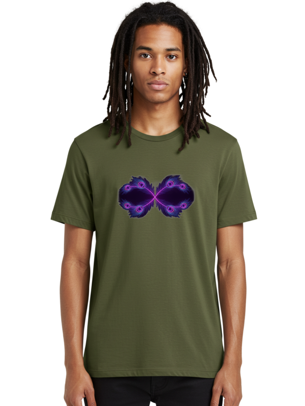 Purple-Feathers-Butterfly Men'S Graphic Tee, 100% Cotton, Comfortable Casual Summer Wear, Machine Washable, Purple Feather Design, Butterfly Shape, Neon Purple Accents, Circular Patterns, Symmetrical Art, Digital Illustration, Fantasy Art, Bab262