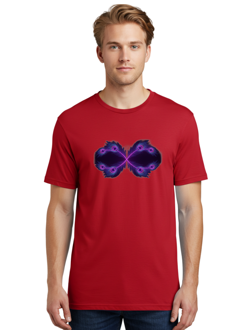 Purple-Feathers-Butterfly Men'S Graphic Tee, 100% Cotton, Comfortable Casual Summer Wear, Machine Washable, Purple Feather Design, Butterfly Shape, Neon Purple Accents, Circular Patterns, Symmetrical Art, Digital Illustration, Fantasy Art, Bab262