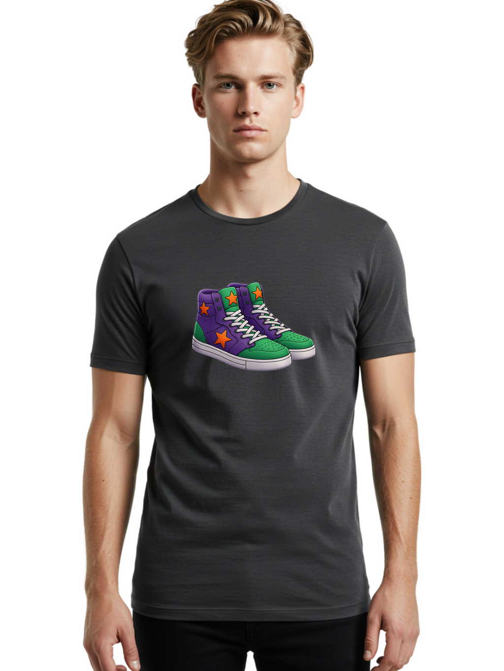 Purple-Green-Sneakers Men'S Graphic Tee, 100% Cotton, Comfortable Casual Summer Wear, Machine Washable, High Top Sneakers, Purple And Green Colorblock, Orange Star Design, White Laces, Fashion Sneakers, Streetwear Style, Bab263