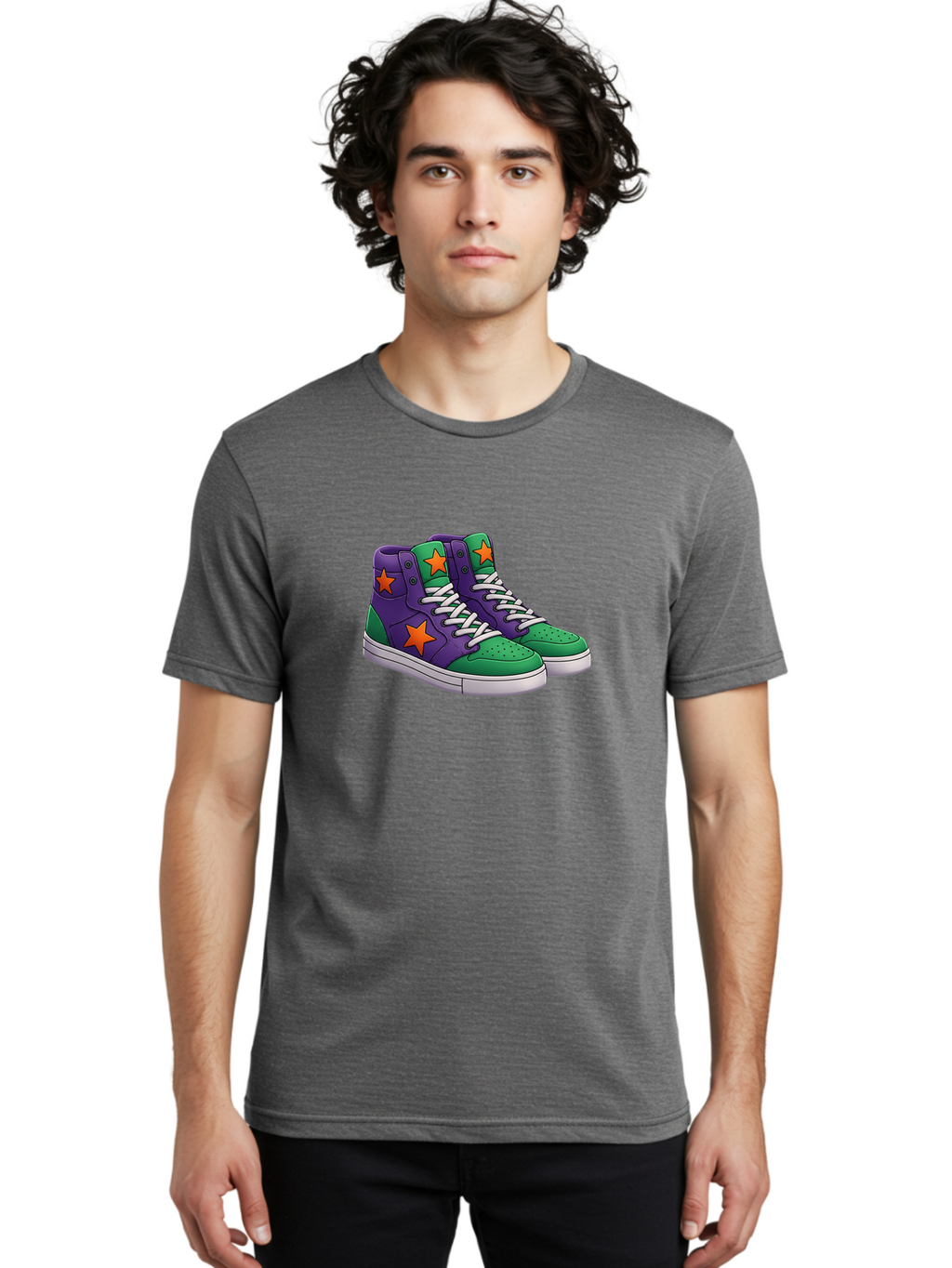 Purple-Green-Sneakers Men'S Graphic Tee, 100% Cotton, Comfortable Casual Summer Wear, Machine Washable, High Top Sneakers, Purple And Green Colorblock, Orange Star Design, White Laces, Fashion Sneakers, Streetwear Style, Bab263