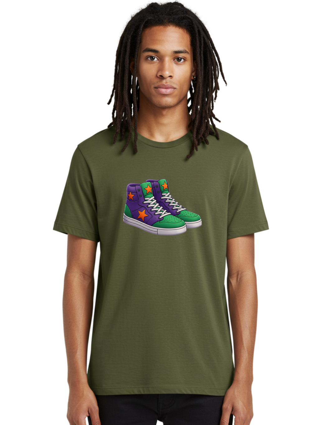 Purple-Green-Sneakers Men'S Graphic Tee, 100% Cotton, Comfortable Casual Summer Wear, Machine Washable, High Top Sneakers, Purple And Green Colorblock, Orange Star Design, White Laces, Fashion Sneakers, Streetwear Style, Bab263
