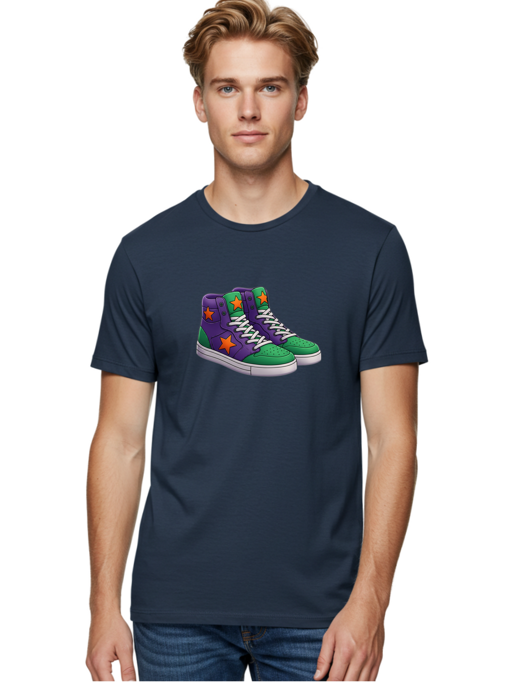 Purple-Green-Sneakers Men'S Graphic Tee, 100% Cotton, Comfortable Casual Summer Wear, Machine Washable, High Top Sneakers, Purple And Green Colorblock, Orange Star Design, White Laces, Fashion Sneakers, Streetwear Style, Bab263