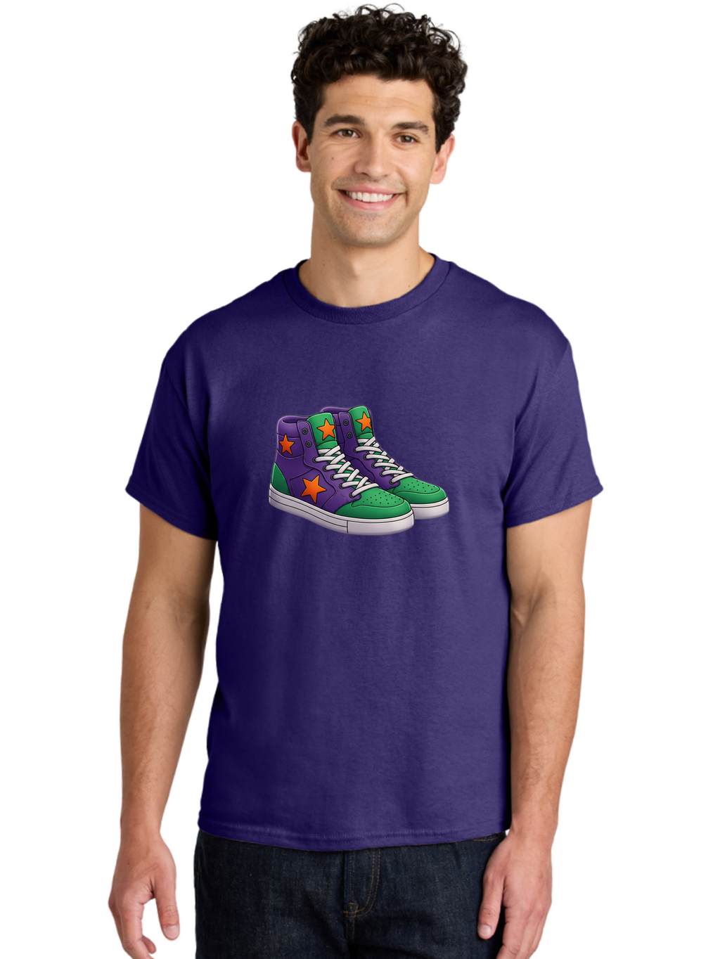 Purple-Green-Sneakers Men'S Graphic Tee, 100% Cotton, Comfortable Casual Summer Wear, Machine Washable, High Top Sneakers, Purple And Green Colorblock, Orange Star Design, White Laces, Fashion Sneakers, Streetwear Style, Bab263