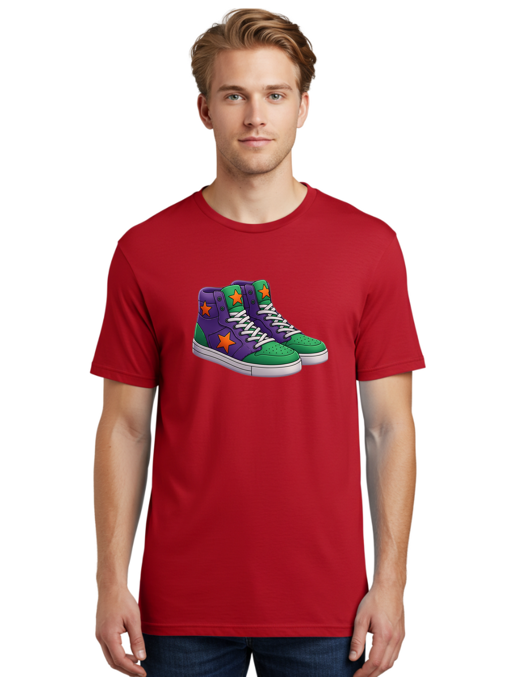 Purple-Green-Sneakers Men'S Graphic Tee, 100% Cotton, Comfortable Casual Summer Wear, Machine Washable, High Top Sneakers, Purple And Green Colorblock, Orange Star Design, White Laces, Fashion Sneakers, Streetwear Style, Bab263