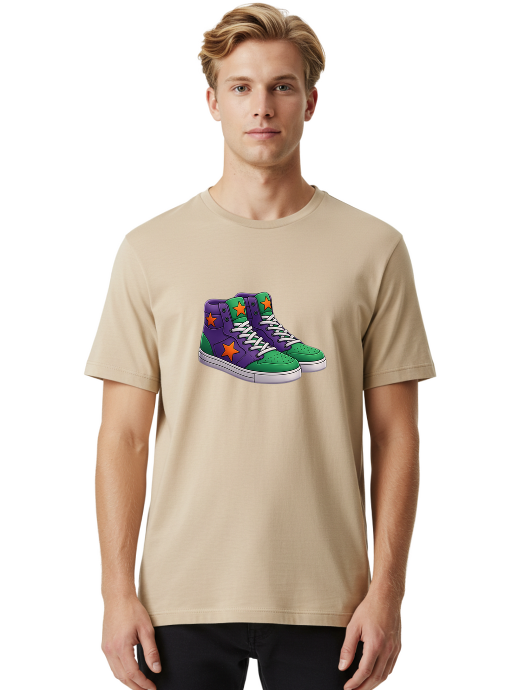 Purple-Green-Sneakers Men'S Graphic Tee, 100% Cotton, Comfortable Casual Summer Wear, Machine Washable, High Top Sneakers, Purple And Green Colorblock, Orange Star Design, White Laces, Fashion Sneakers, Streetwear Style, Bab263