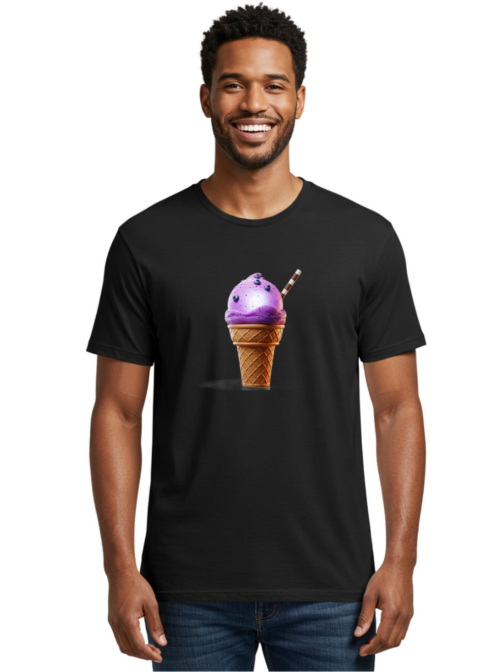 Purple-Ice-Cream-Cone Men'S Graphic Tee, 100% Cotton, Comfortable Casual Summer Wear, Machine Washable, Purple Ice Cream, Waffle Cone, Blueberry Topping, Striped Straw, Sweet Treat, Dessert, Cold Dessert, Creamy Texture, Frozen Yogurt Bab264