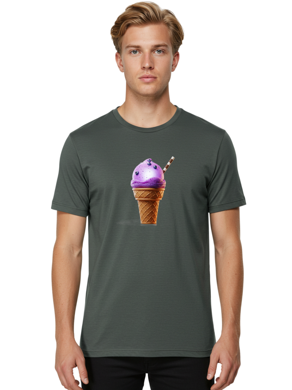 Purple-Ice-Cream-Cone Men'S Graphic Tee, 100% Cotton, Comfortable Casual Summer Wear, Machine Washable, Purple Ice Cream, Waffle Cone, Blueberry Topping, Striped Straw, Sweet Treat, Dessert, Cold Dessert, Creamy Texture, Frozen Yogurt Bab264