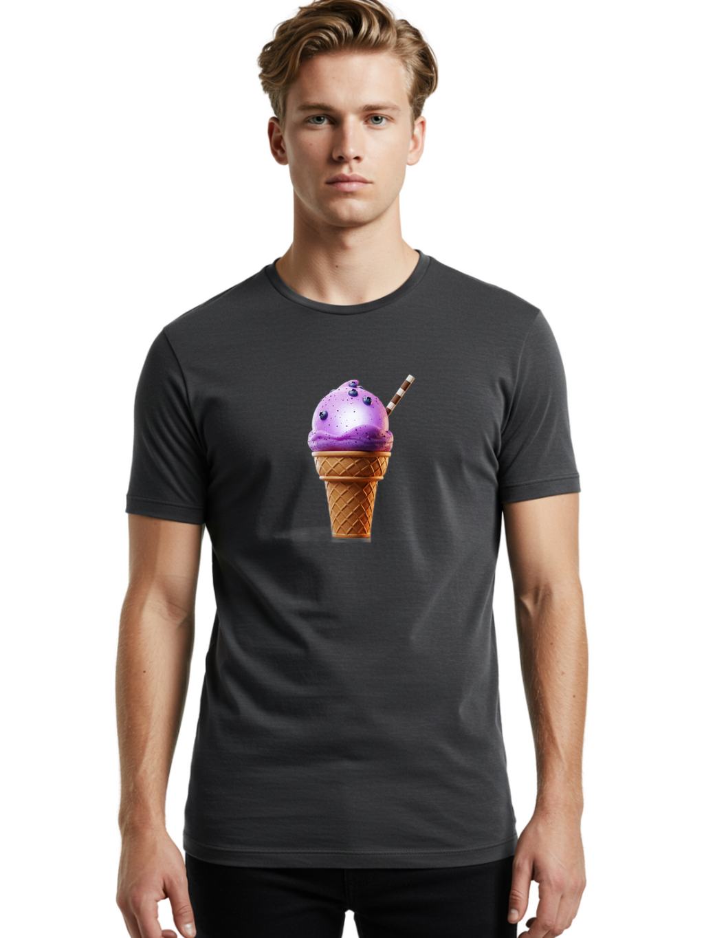 Purple-Ice-Cream-Cone Men'S Graphic Tee, 100% Cotton, Comfortable Casual Summer Wear, Machine Washable, Purple Ice Cream, Waffle Cone, Blueberry Topping, Striped Straw, Sweet Treat, Dessert, Cold Dessert, Creamy Texture, Frozen Yogurt Bab264