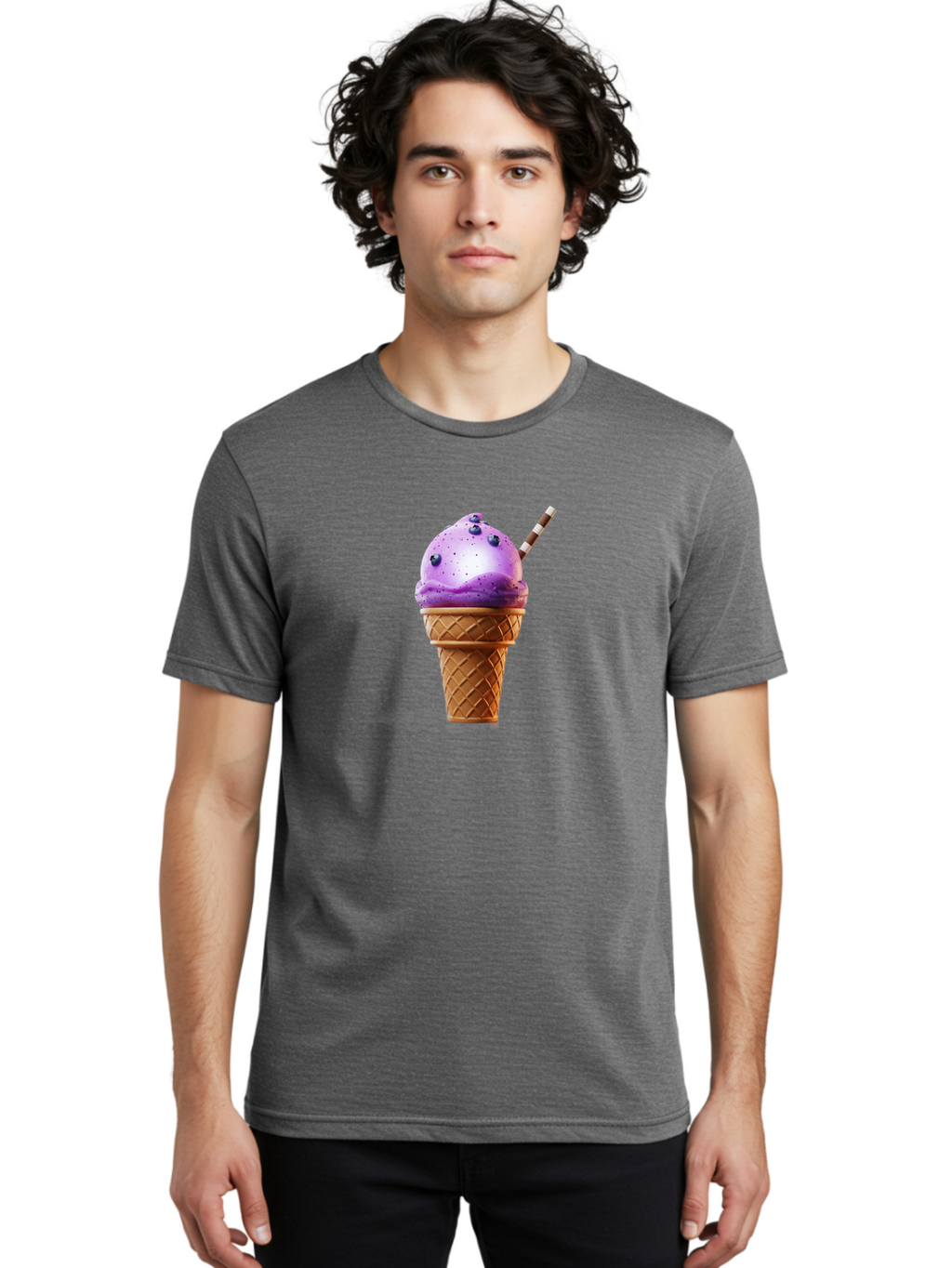 Purple-Ice-Cream-Cone Men'S Graphic Tee, 100% Cotton, Comfortable Casual Summer Wear, Machine Washable, Purple Ice Cream, Waffle Cone, Blueberry Topping, Striped Straw, Sweet Treat, Dessert, Cold Dessert, Creamy Texture, Frozen Yogurt Bab264