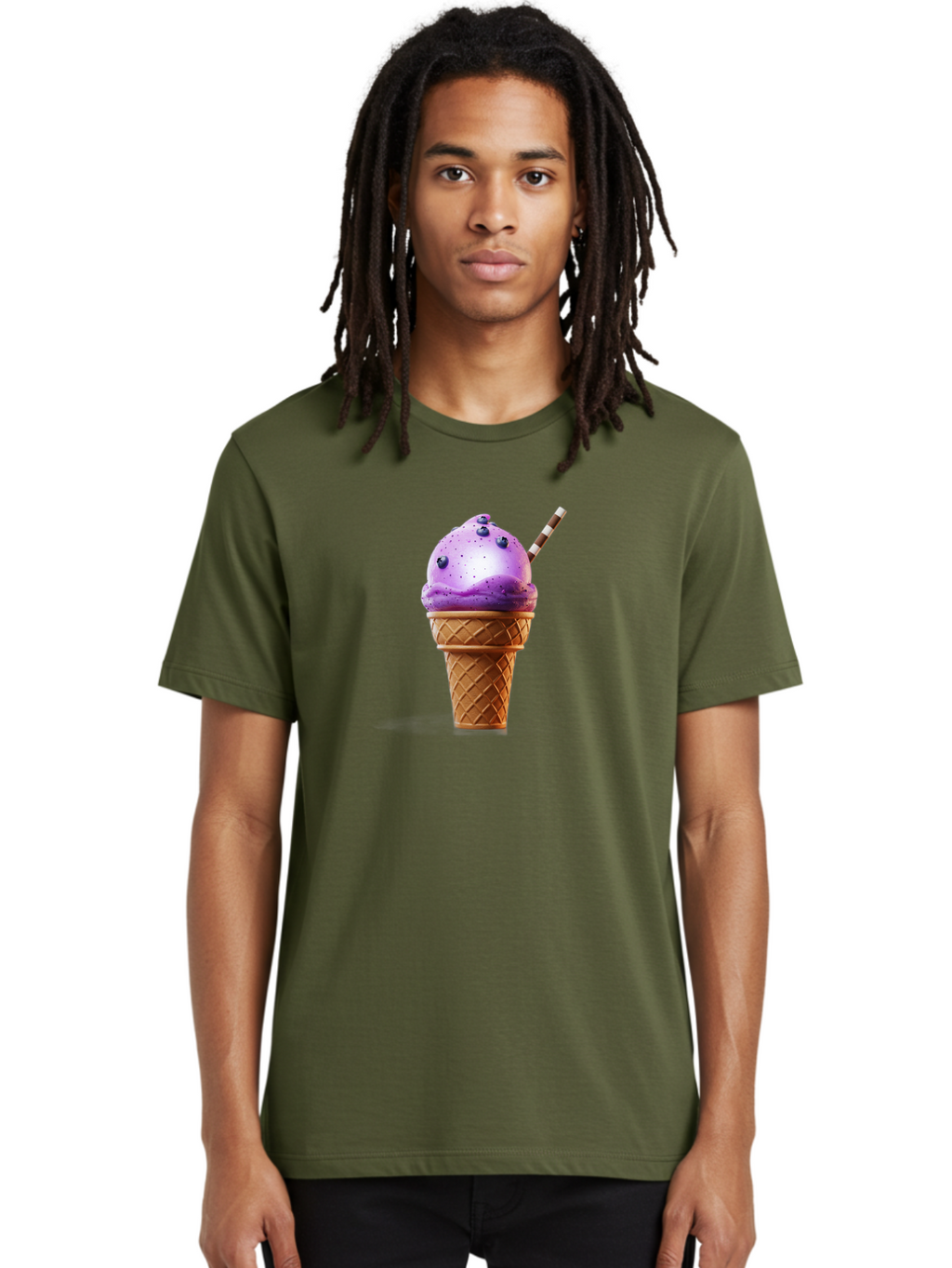 Purple-Ice-Cream-Cone Men'S Graphic Tee, 100% Cotton, Comfortable Casual Summer Wear, Machine Washable, Purple Ice Cream, Waffle Cone, Blueberry Topping, Striped Straw, Sweet Treat, Dessert, Cold Dessert, Creamy Texture, Frozen Yogurt Bab264