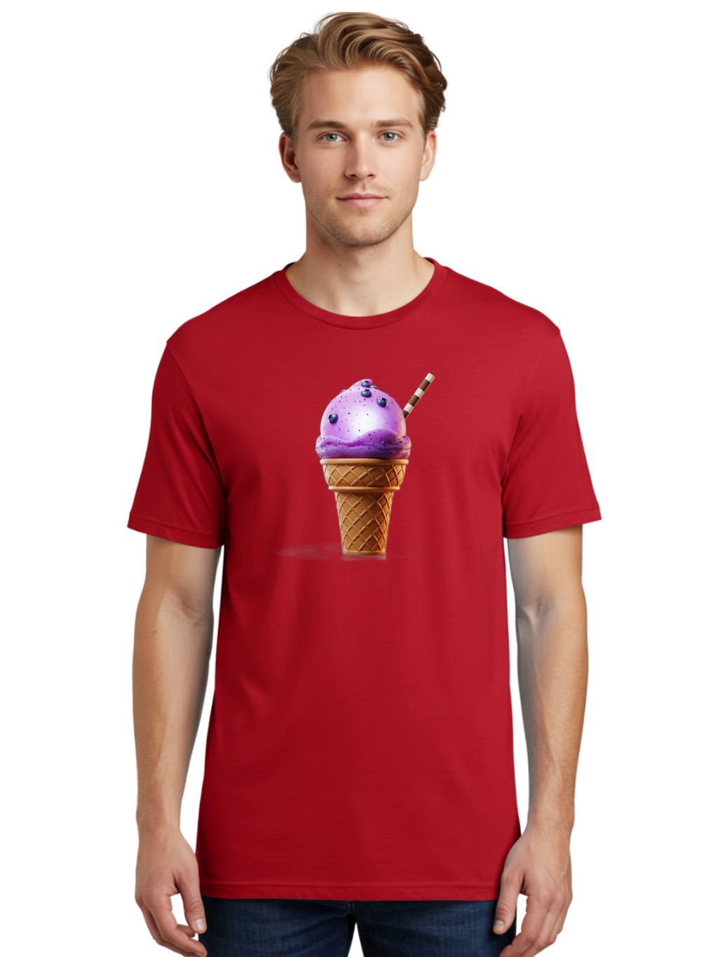 Purple-Ice-Cream-Cone Men'S Graphic Tee, 100% Cotton, Comfortable Casual Summer Wear, Machine Washable, Purple Ice Cream, Waffle Cone, Blueberry Topping, Striped Straw, Sweet Treat, Dessert, Cold Dessert, Creamy Texture, Frozen Yogurt Bab264