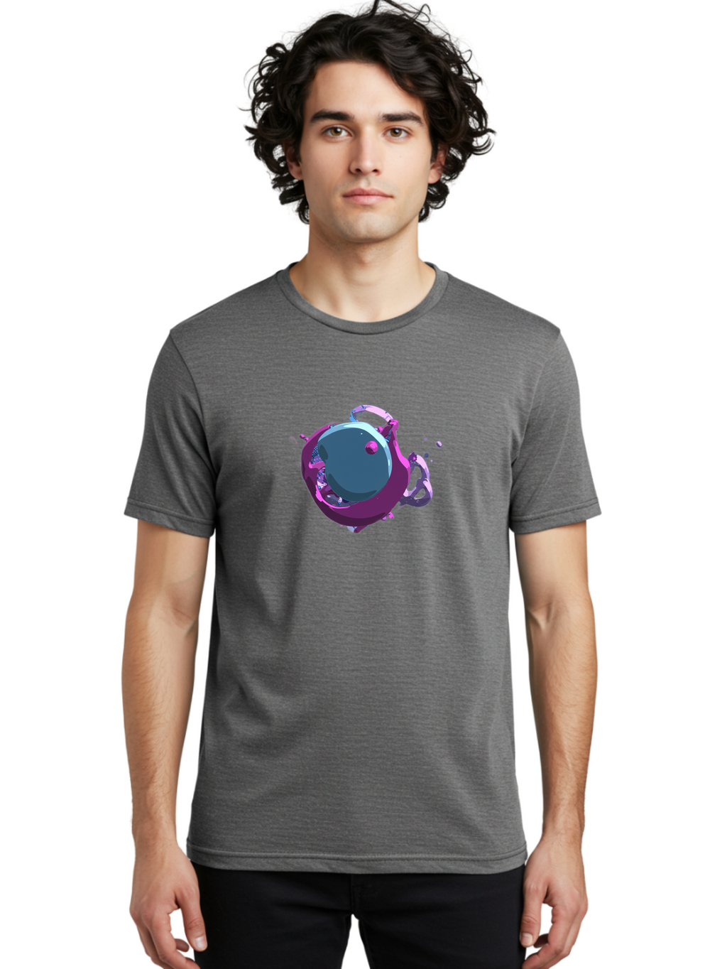 Purple-Liquid-Sphere Men'S Graphic Tee, 100% Cotton, Comfortable Casual Summer Wear, Machine Washable, Molten Sphere, 3D Rendering, Purple Color Scheme, Abstract Art, Liquid Metal, Futuristic Design, Digital Artwork, Modern Graphics Bab266