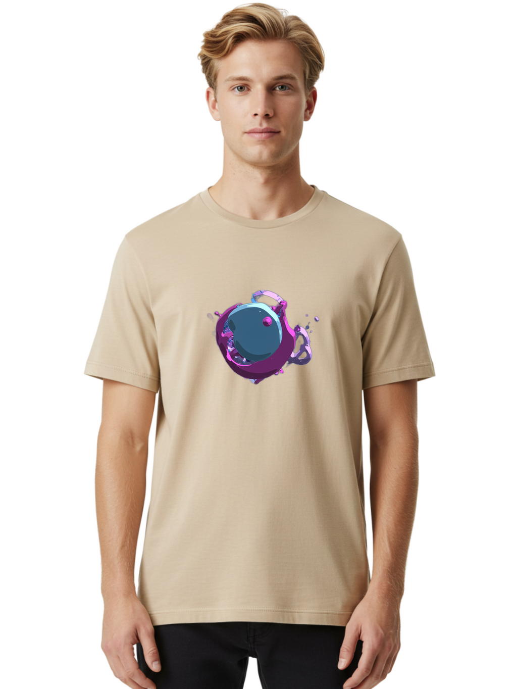 Purple-Liquid-Sphere Men'S Graphic Tee, 100% Cotton, Comfortable Casual Summer Wear, Machine Washable, Molten Sphere, 3D Rendering, Purple Color Scheme, Abstract Art, Liquid Metal, Futuristic Design, Digital Artwork, Modern Graphics Bab266