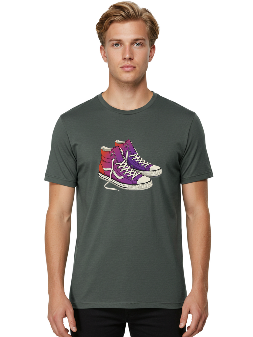 Purple-Sneakers Men'S Graphic Tee, 100% Cotton, Comfortable Casual Summer Wear, Machine Washable, Purple Sneakers, High-Top Shoes, White Laces, Canvas Sneakers, Fashion Footwear, Ombre Effect, Red To Purple Gradient Bab267