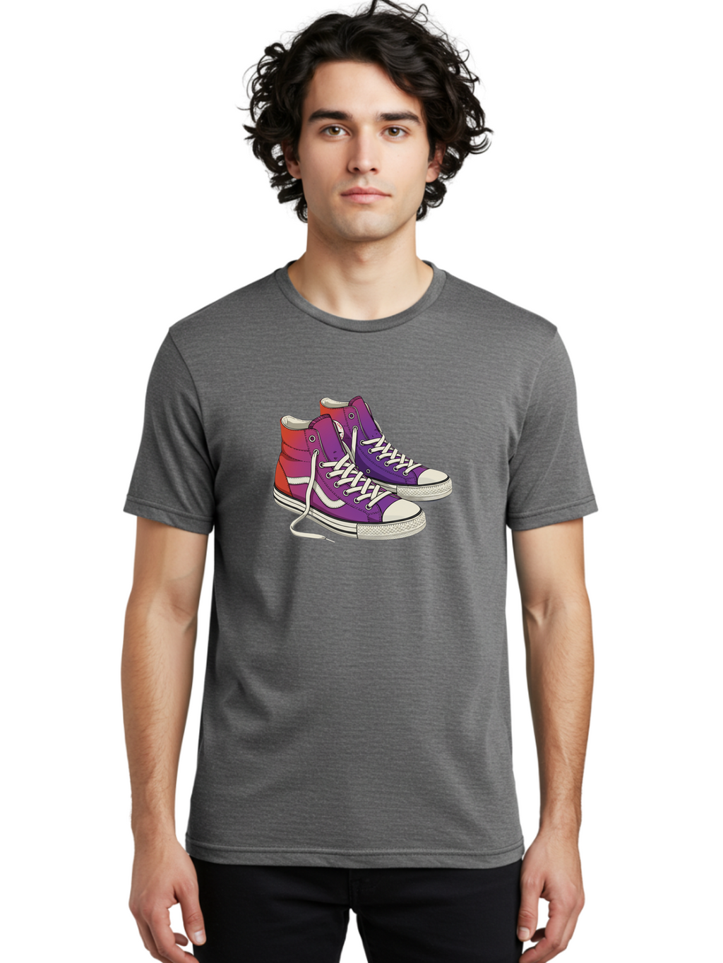 Purple-Sneakers Men'S Graphic Tee, 100% Cotton, Comfortable Casual Summer Wear, Machine Washable, Purple Sneakers, High-Top Shoes, White Laces, Canvas Sneakers, Fashion Footwear, Ombre Effect, Red To Purple Gradient Bab267