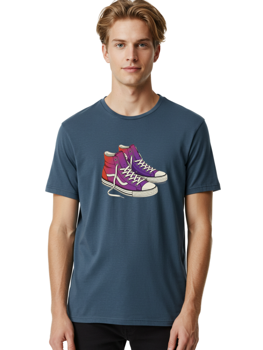 Purple-Sneakers Men'S Graphic Tee, 100% Cotton, Comfortable Casual Summer Wear, Machine Washable, Purple Sneakers, High-Top Shoes, White Laces, Canvas Sneakers, Fashion Footwear, Ombre Effect, Red To Purple Gradient Bab267