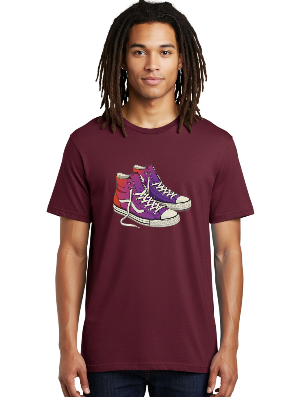 Purple-Sneakers Men'S Graphic Tee, 100% Cotton, Comfortable Casual Summer Wear, Machine Washable, Purple Sneakers, High-Top Shoes, White Laces, Canvas Sneakers, Fashion Footwear, Ombre Effect, Red To Purple Gradient Bab267