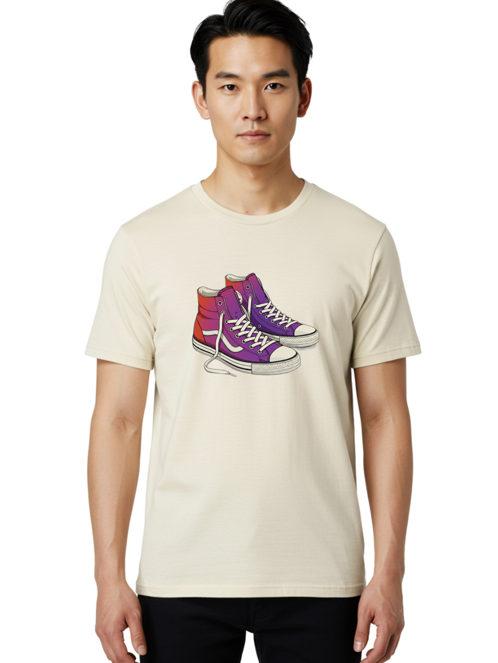 Purple-Sneakers Men'S Graphic Tee, 100% Cotton, Comfortable Casual Summer Wear, Machine Washable, Purple Sneakers, High-Top Shoes, White Laces, Canvas Sneakers, Fashion Footwear, Ombre Effect, Red To Purple Gradient Bab267