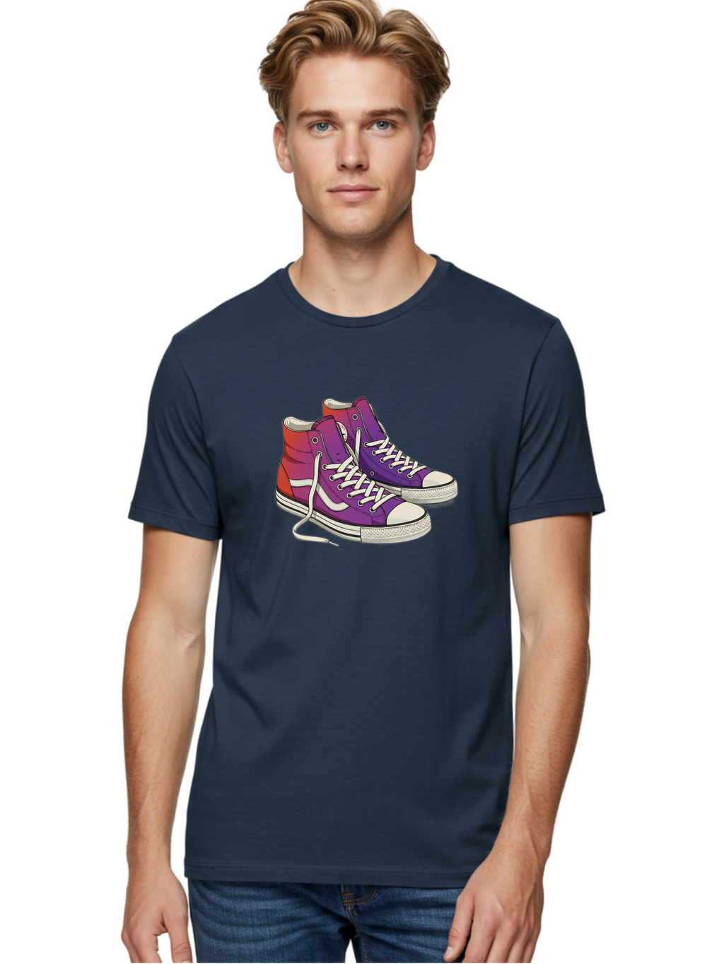 Purple-Sneakers Men'S Graphic Tee, 100% Cotton, Comfortable Casual Summer Wear, Machine Washable, Purple Sneakers, High-Top Shoes, White Laces, Canvas Sneakers, Fashion Footwear, Ombre Effect, Red To Purple Gradient Bab267