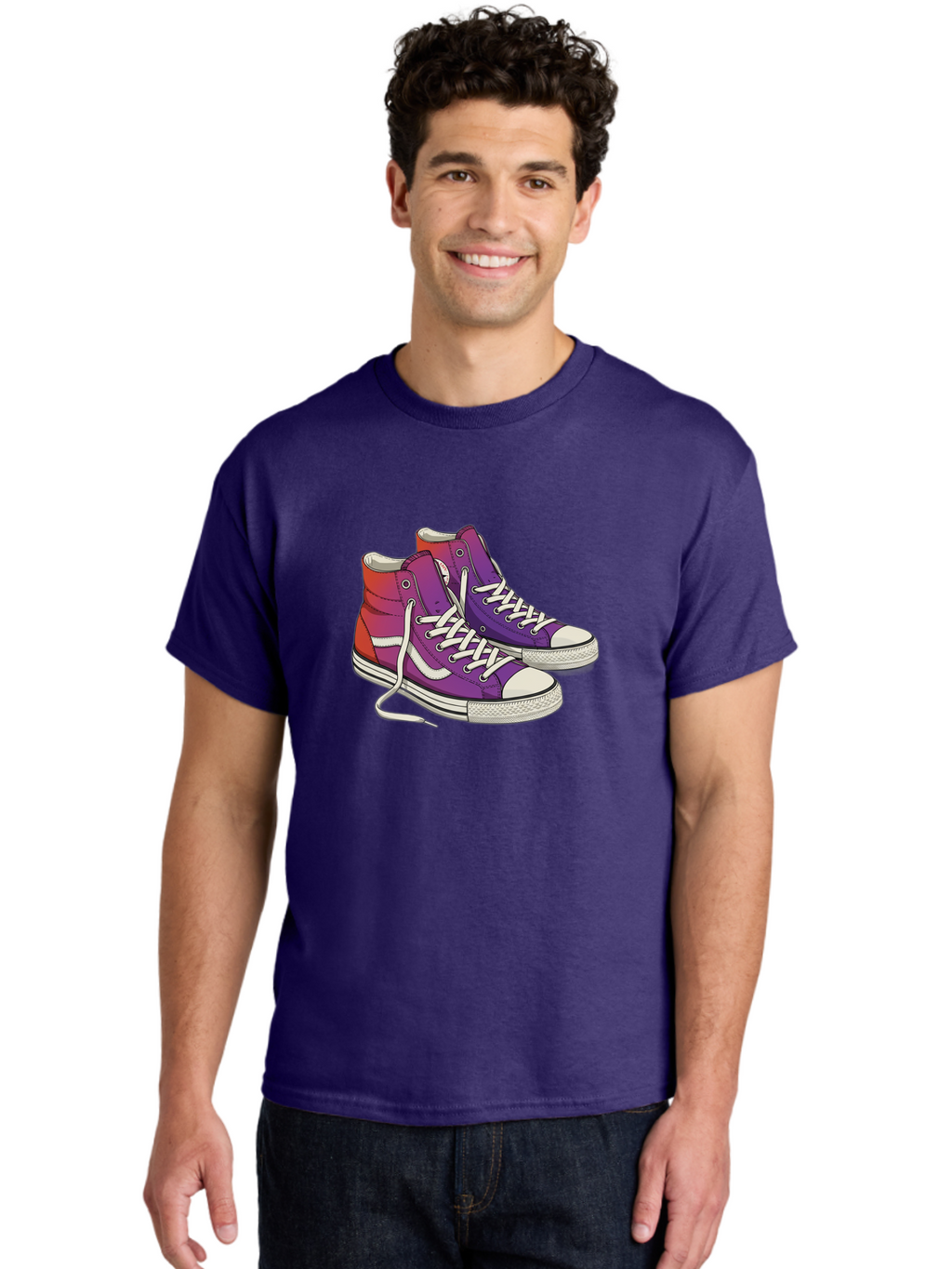 Purple-Sneakers Men'S Graphic Tee, 100% Cotton, Comfortable Casual Summer Wear, Machine Washable, Purple Sneakers, High-Top Shoes, White Laces, Canvas Sneakers, Fashion Footwear, Ombre Effect, Red To Purple Gradient Bab267