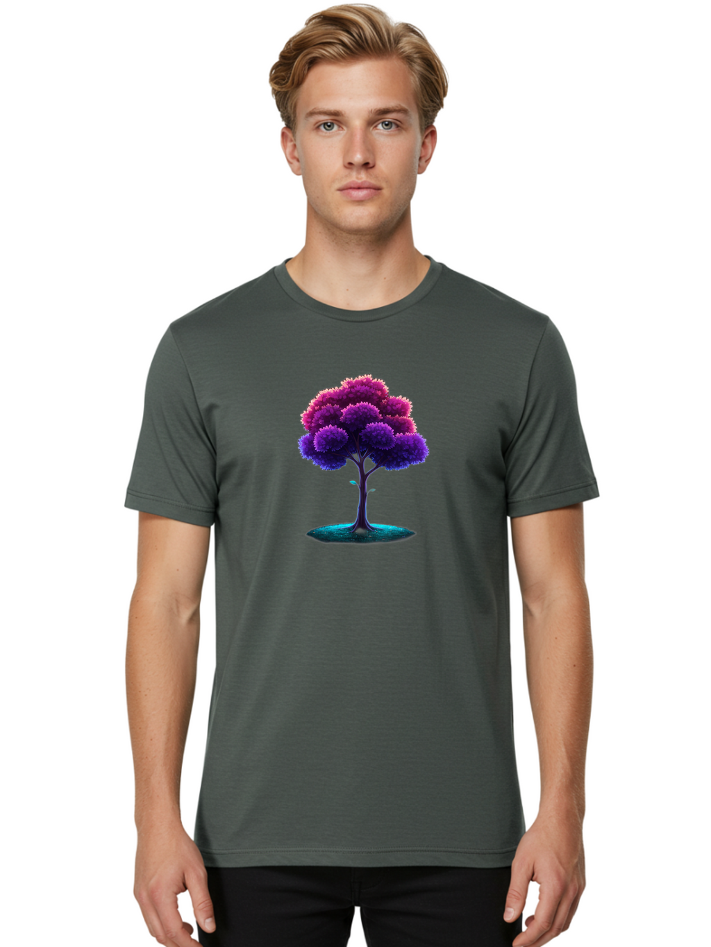 Purple-Tree Men'S Graphic Tee, 100% Cotton, Comfortable Casual Summer Wear, Machine Washable, Purple Tree, Colorful Tree, Vibrant Foliage, Digital Art, Fantasy Tree, Artistic Representation, Nature-Inspired Graphics, Gradient Colors, Bab268