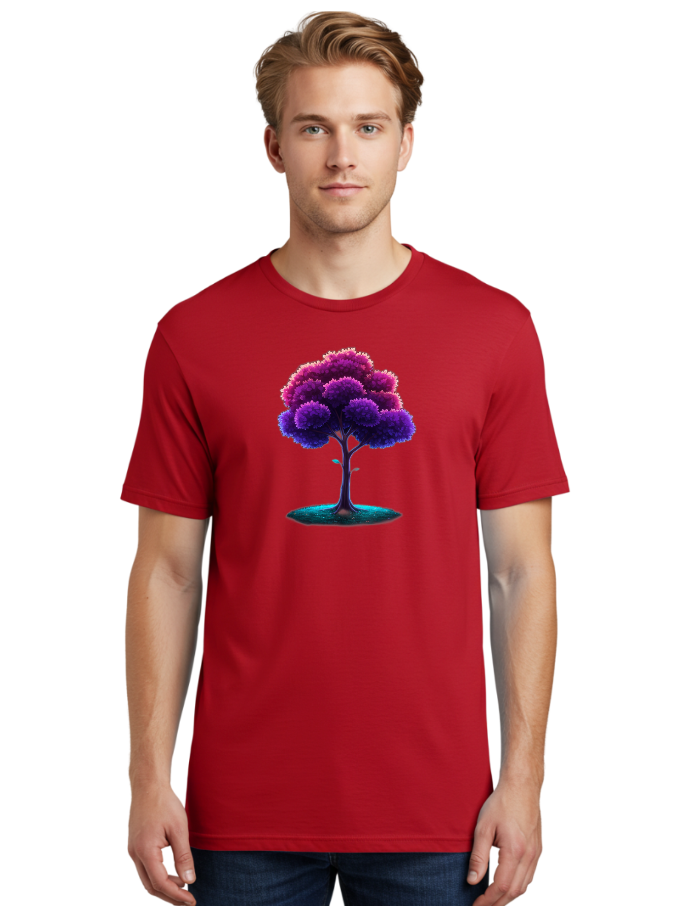 Purple-Tree Men'S Graphic Tee, 100% Cotton, Comfortable Casual Summer Wear, Machine Washable, Purple Tree, Colorful Tree, Vibrant Foliage, Digital Art, Fantasy Tree, Artistic Representation, Nature-Inspired Graphics, Gradient Colors, Bab268