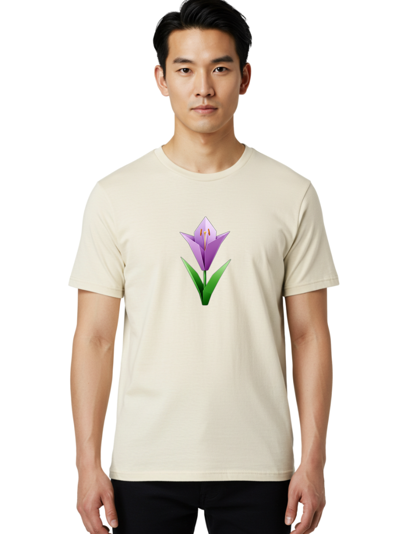 Purple-Tulip Men'S Graphic Tee, 100% Cotton, Comfortable Casual Summer Wear, Machine Washable, Origami Tulip, Purple Flower, Green Leaves, Papercraft Art, Minimalist Design, 3D Model, Floral Illustration, Creative Artwork, Tulip Icon Bab269