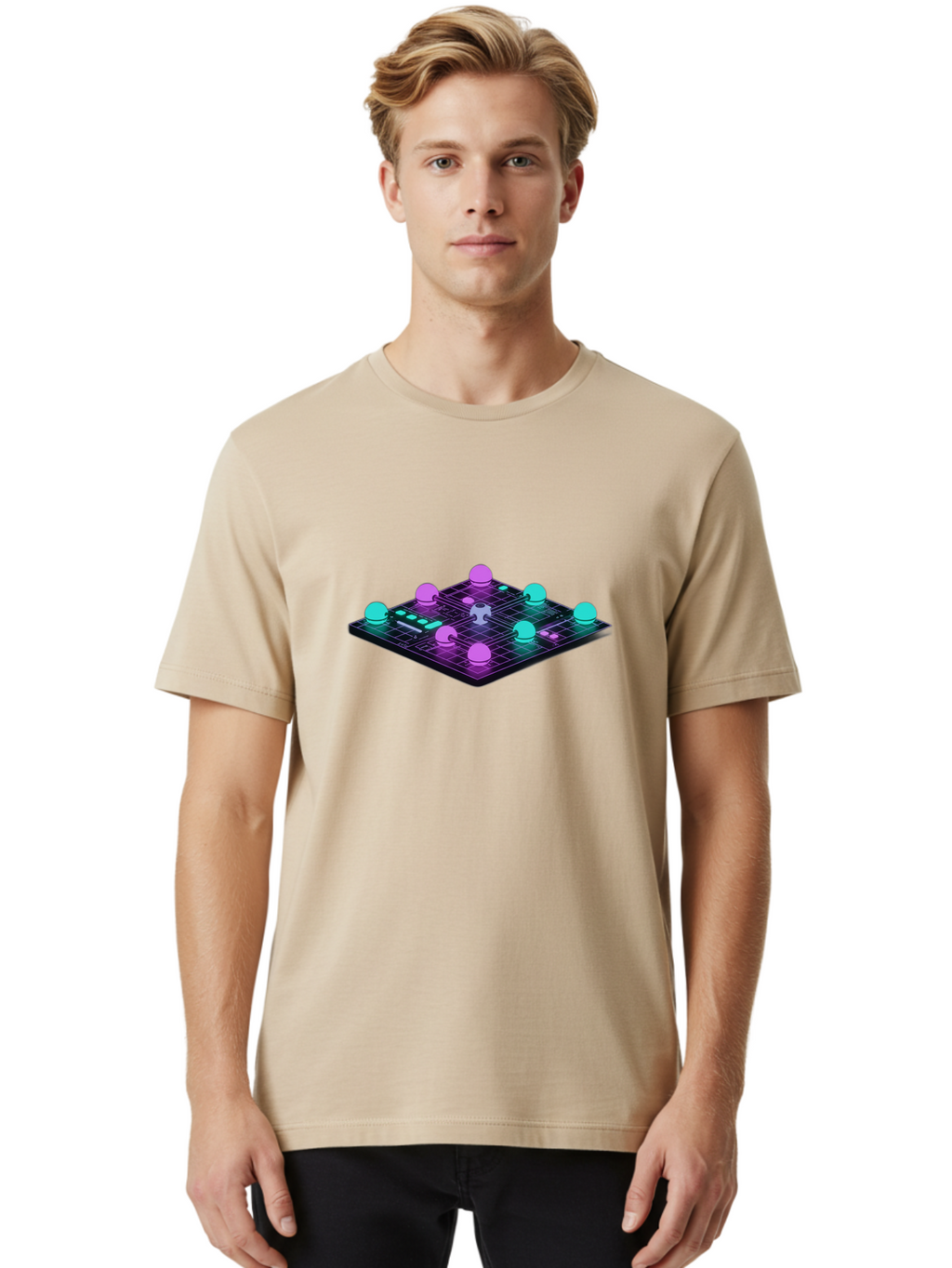 Puzzle-Grid Men'S Graphic Tee, 100% Cotton, Comfortable Casual Summer Wear, Machine Washable, Game Board, Strategy Game, Puzzle Pieces, Neon Lights, Grid Pattern, Futuristic Design, Interactive Gameplay, 3D Graphics Bab270
