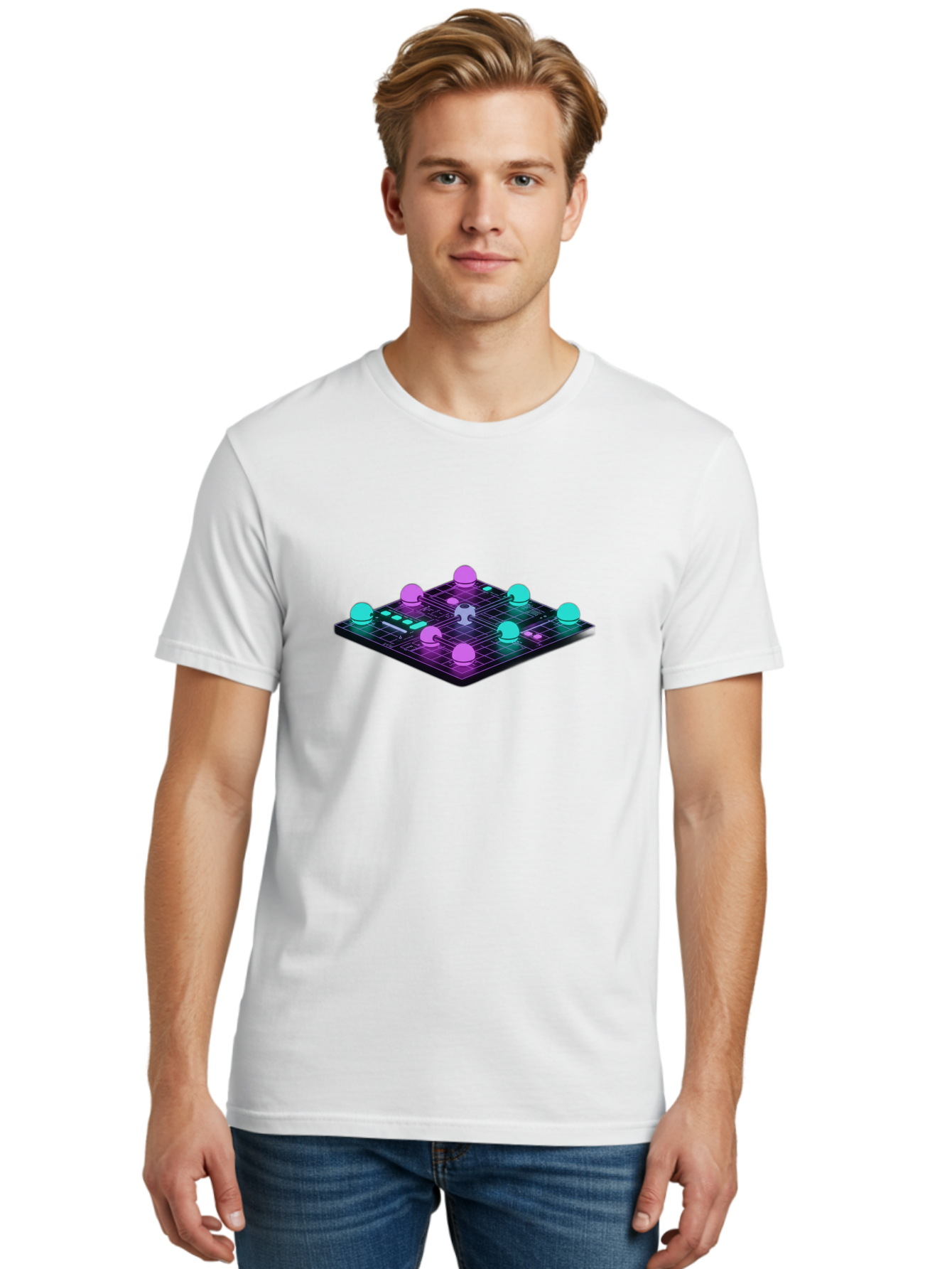 Puzzle-Grid Men'S Graphic Tee, 100% Cotton, Comfortable Casual Summer Wear, Machine Washable, Game Board, Strategy Game, Puzzle Pieces, Neon Lights, Grid Pattern, Futuristic Design, Interactive Gameplay, 3D Graphics Bab270