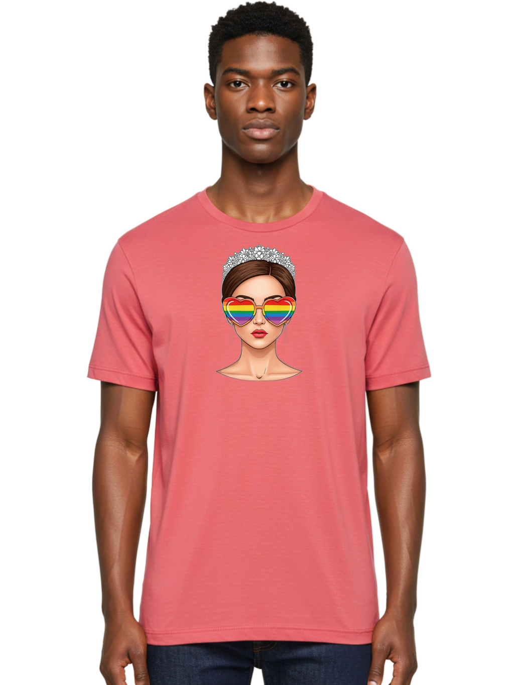 Queen-Of-Pride Men'S Graphic Tee, 100% Cotton, Comfortable Casual Summer Wear, Machine Washable, Heart-Shaped Sunglasses, Rainbow Colors, Lgbtq+ Pride, Glamorous Look, Tiara, Fashionable Accessories, Bold Statement, Rainbow Shades, Bab271