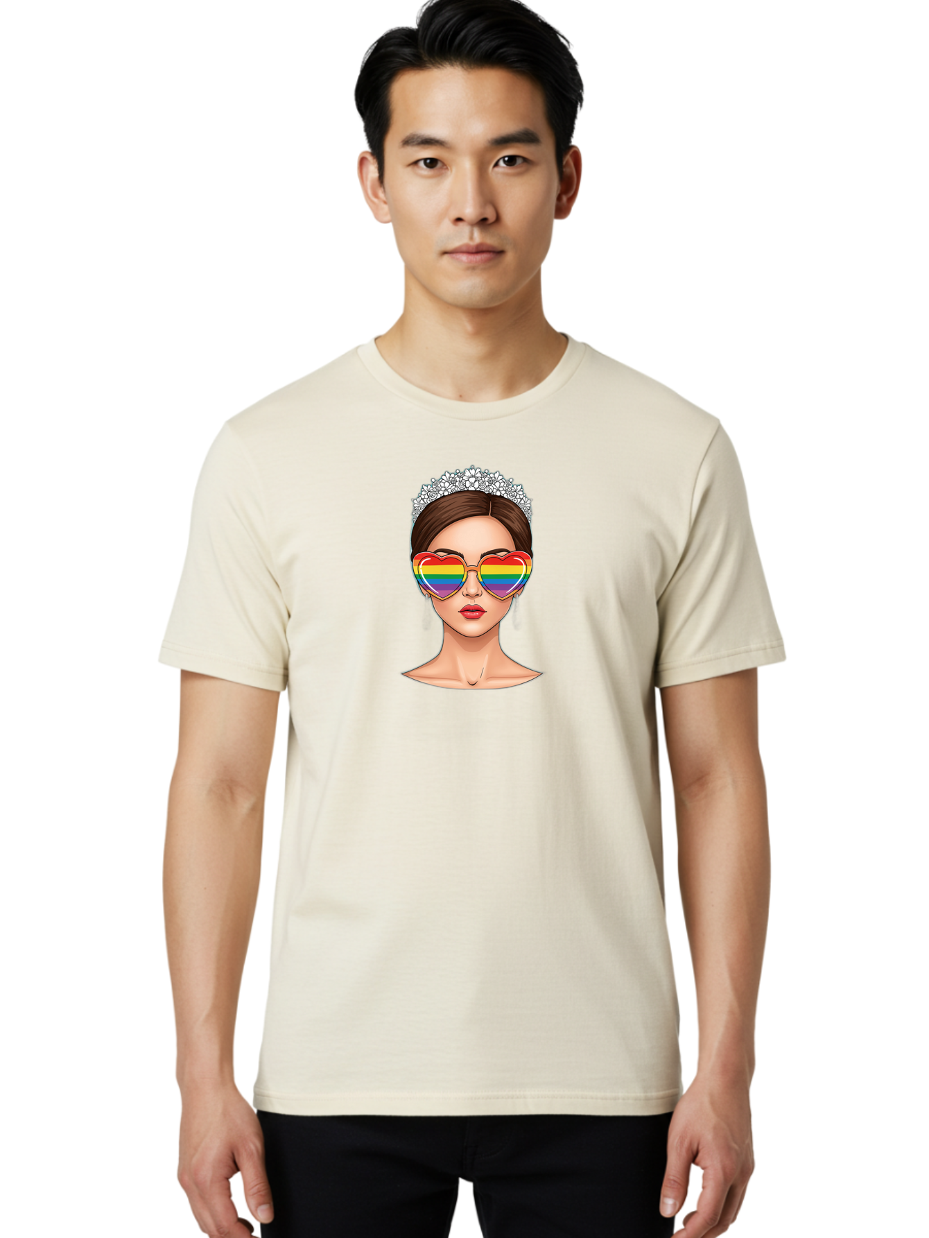 Queen-Of-Pride Men'S Graphic Tee, 100% Cotton, Comfortable Casual Summer Wear, Machine Washable, Heart-Shaped Sunglasses, Rainbow Colors, Lgbtq+ Pride, Glamorous Look, Tiara, Fashionable Accessories, Bold Statement, Rainbow Shades, Bab271