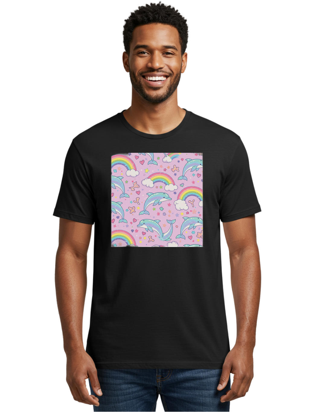 Rainbow-Dolphin-Pattern Men'S Graphic Tee, 100% Cotton, Comfortable Casual Summer Wear, Machine Washable, Dolphins, Rainbows, Clouds, Stars, Hearts, Pastel Colors, Whimsical Design, Playful Pattern, Childrens Theme, Fantasy Elements, Bab273