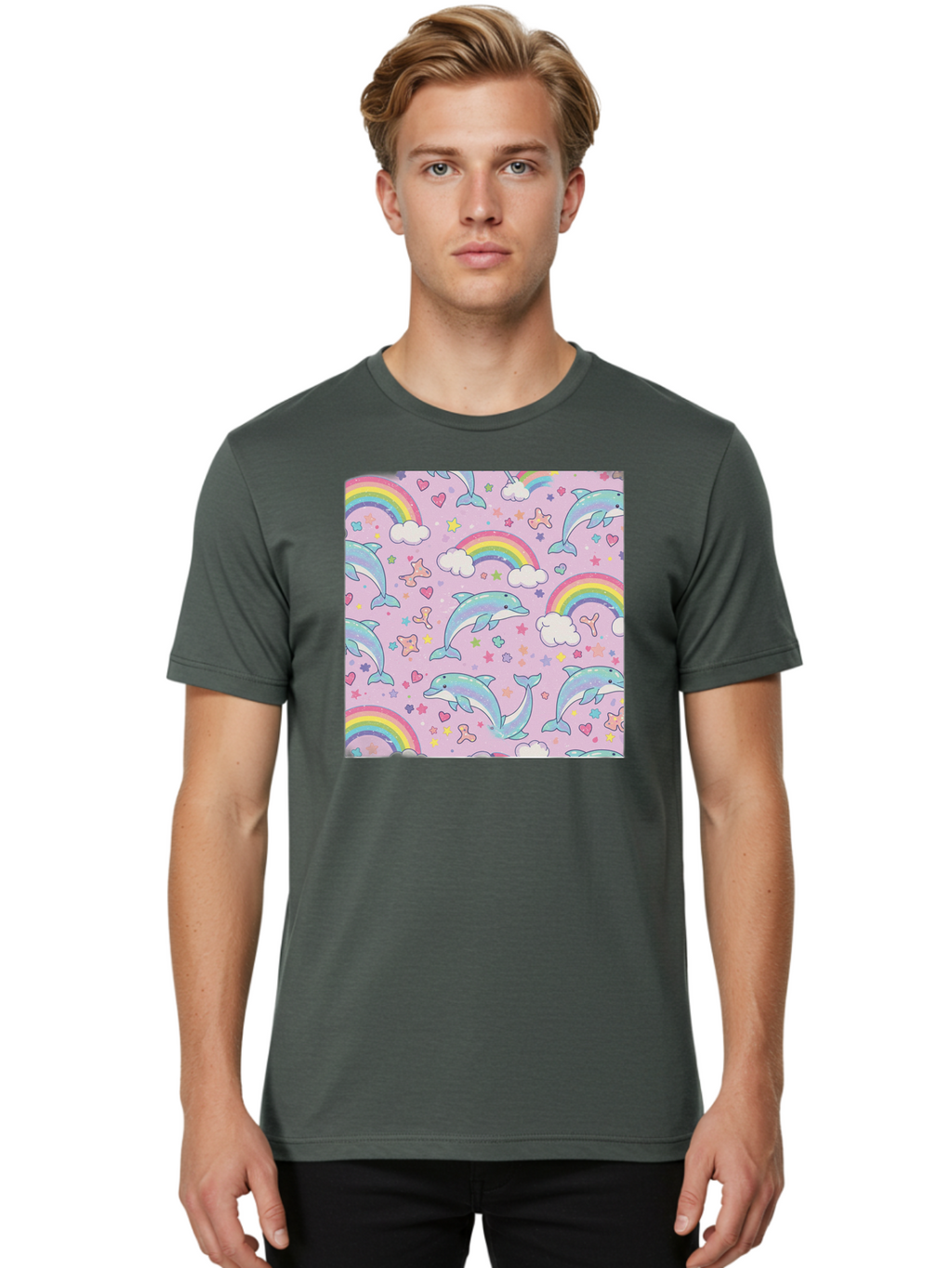 Rainbow-Dolphin-Pattern Men'S Graphic Tee, 100% Cotton, Comfortable Casual Summer Wear, Machine Washable, Dolphins, Rainbows, Clouds, Stars, Hearts, Pastel Colors, Whimsical Design, Playful Pattern, Childrens Theme, Fantasy Elements, Bab273
