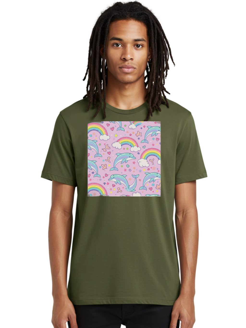 Rainbow-Dolphin-Pattern Men'S Graphic Tee, 100% Cotton, Comfortable Casual Summer Wear, Machine Washable, Dolphins, Rainbows, Clouds, Stars, Hearts, Pastel Colors, Whimsical Design, Playful Pattern, Childrens Theme, Fantasy Elements, Bab273