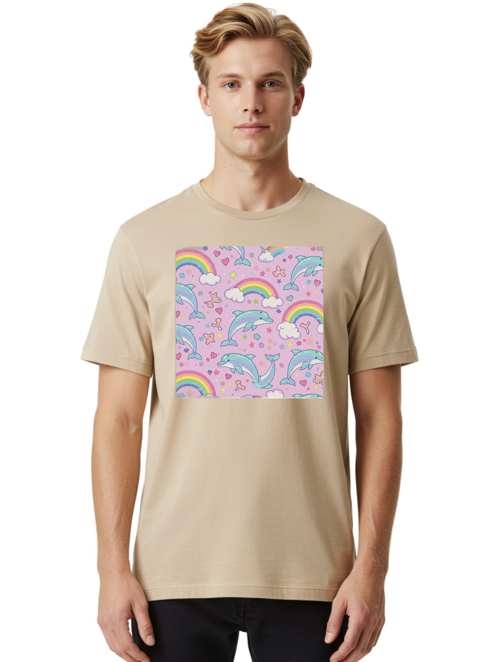 Rainbow-Dolphin-Pattern Men'S Graphic Tee, 100% Cotton, Comfortable Casual Summer Wear, Machine Washable, Dolphins, Rainbows, Clouds, Stars, Hearts, Pastel Colors, Whimsical Design, Playful Pattern, Childrens Theme, Fantasy Elements, Bab273