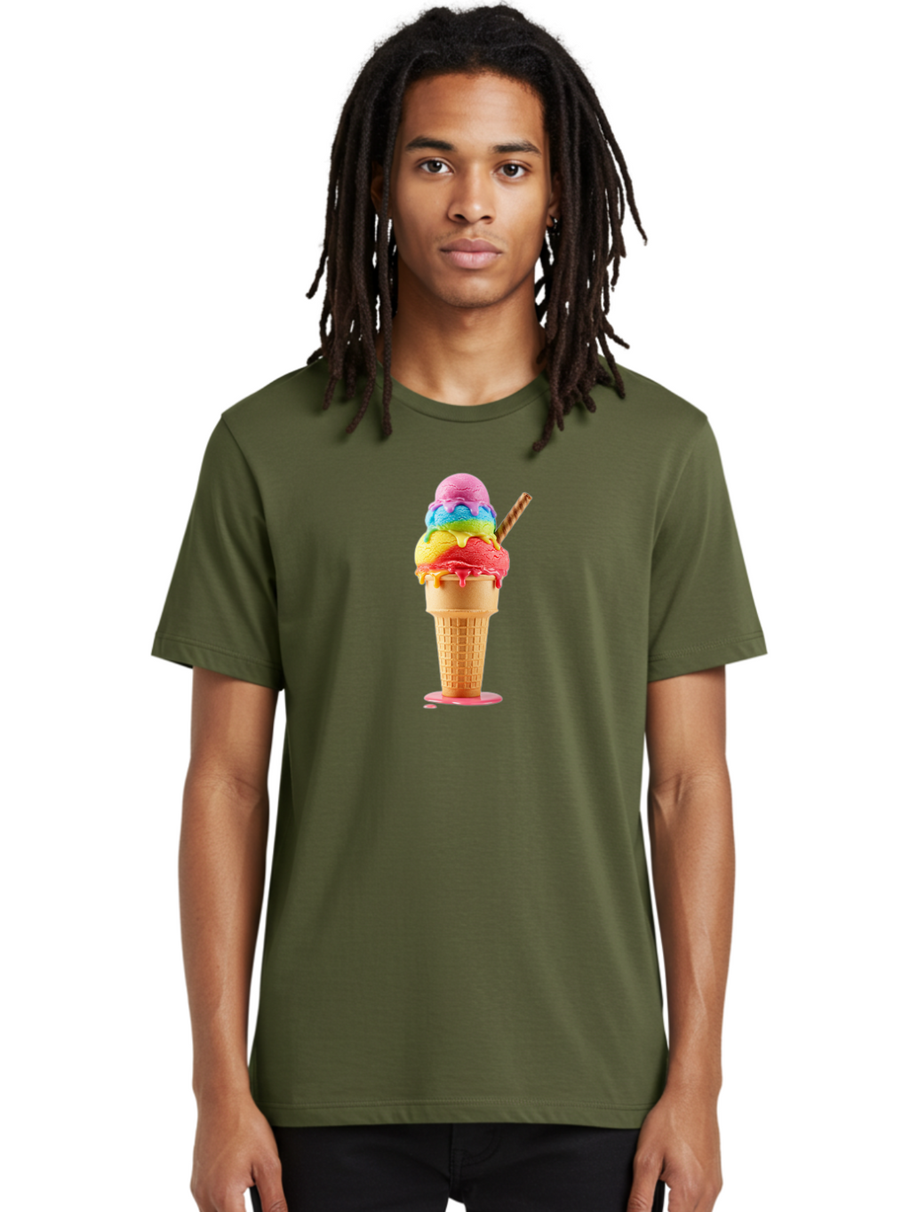 Rainbow-Ice-Cream Men'S Graphic Tee, 100% Cotton, Comfortable Casual Summer Wear, Machine Washable, Rainbow Ice Cream, Colorful Dessert, Sweet Treats, Multi-Colored Ice Cream, Waffle Cone, Dripping Ice Cream, Colorful Scoop, Tasty, Bab274