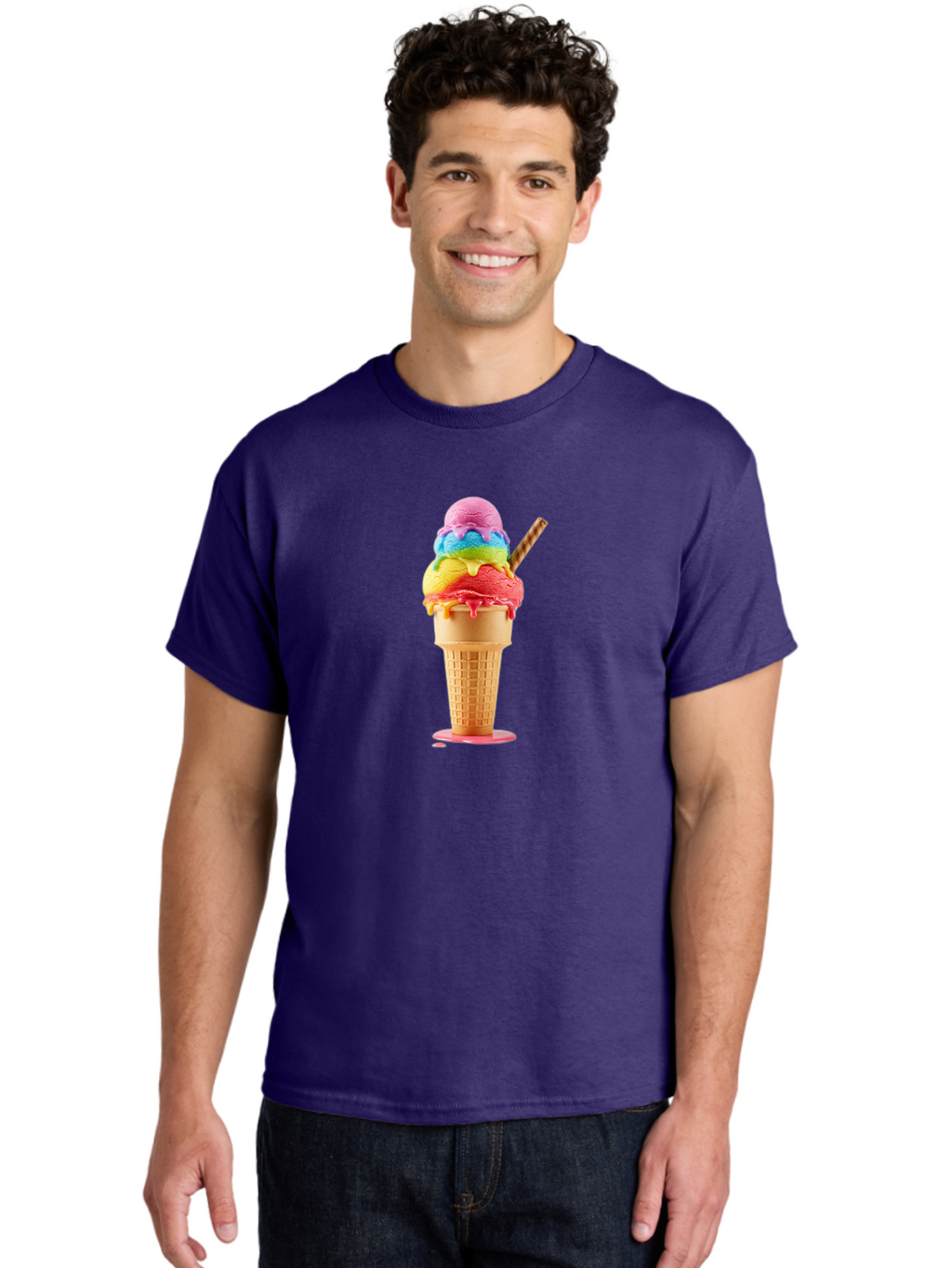 Rainbow-Ice-Cream Men'S Graphic Tee, 100% Cotton, Comfortable Casual Summer Wear, Machine Washable, Rainbow Ice Cream, Colorful Dessert, Sweet Treats, Multi-Colored Ice Cream, Waffle Cone, Dripping Ice Cream, Colorful Scoop, Tasty, Bab274