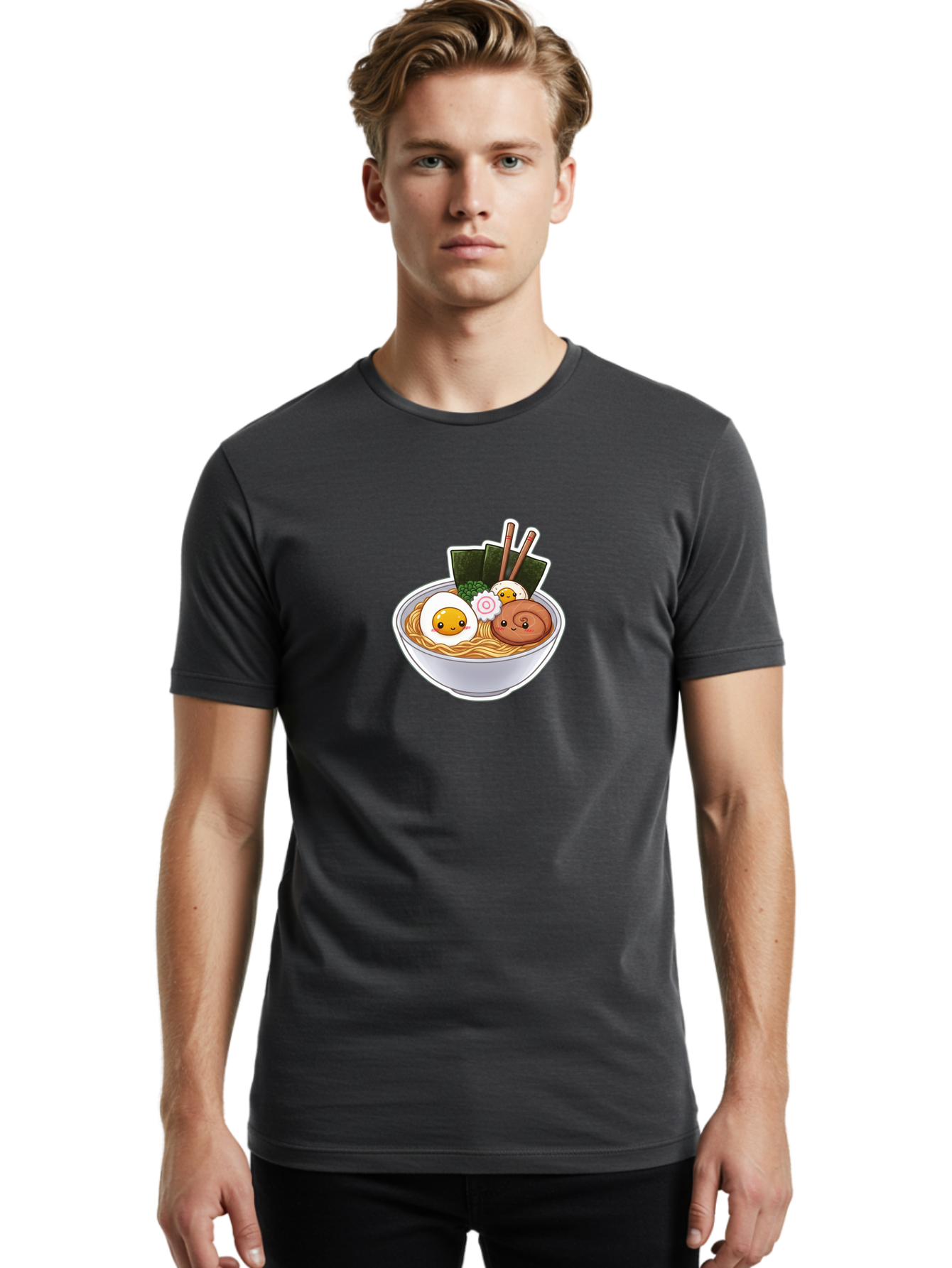 Ramen-5 Men'S Graphic Tee, 100% Cotton, Comfortable Casual Summer Wear, Machine Washable, Ramen Noodles, Cartoon Egg, Boiled Egg, Smiling Egg, Seaweed, Chopsticks, Cartoon Ramen, Japanese Food, Animated Meal, Noodle Soup Bab285