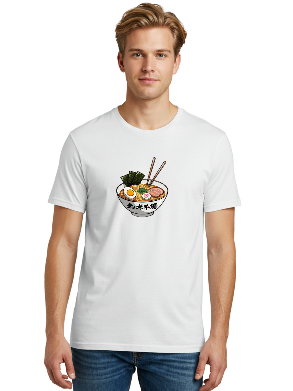 Ramen-8 Men'S Graphic Tee, 100% Cotton, Comfortable Casual Summer Wear, Machine Washable, Steaming Bowl Of Ramen, Boiled Egg, Pork Slice, Seaweed, Green Onions, Spiral Fish Cake, Chopsticks, Black Kanji On Bowl, Japanese Cuisine, Savory Broth, Bab288