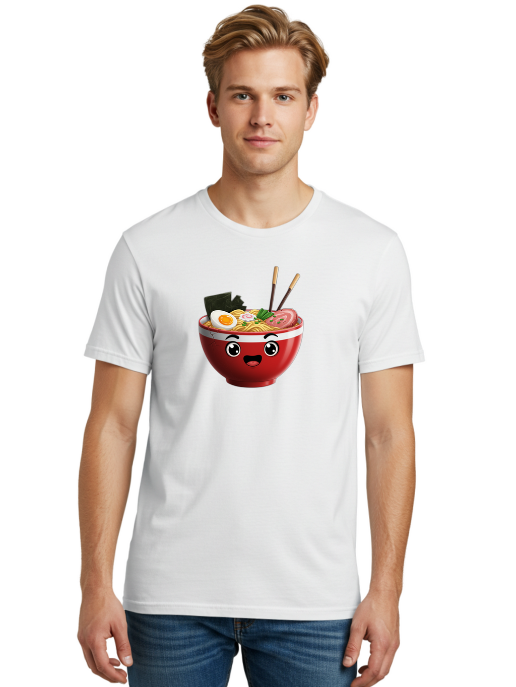 Ramen-Bowl-1 Men'S Graphic Tee, 100% Cotton, Comfortable Casual Summer Wear, Machine Washable, Cartoon Ramen, Steaming Hot Noodles, Sliced Pork, Boiled Egg, Seaweed, Chopsticks, Kawaii Food, Japanese Cuisine, Animated Meal, Fun Illustration, Bab291