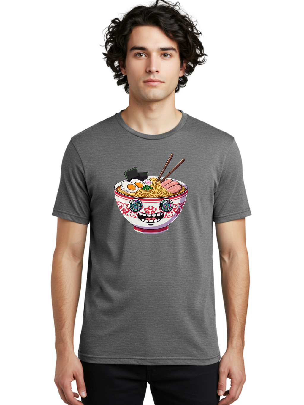Ramen-Bowl-3 Men'S Graphic Tee, 100% Cotton, Comfortable Casual Summer Wear, Machine Washable, Cartoon Ramen, Bowl Of Noodles, Japanese Food, Noodle Soup, Eggs, Meat, Chopsticks, Kawaii Style, Anime-Inspired, Food Illustration, Colorful Dish, Bab293