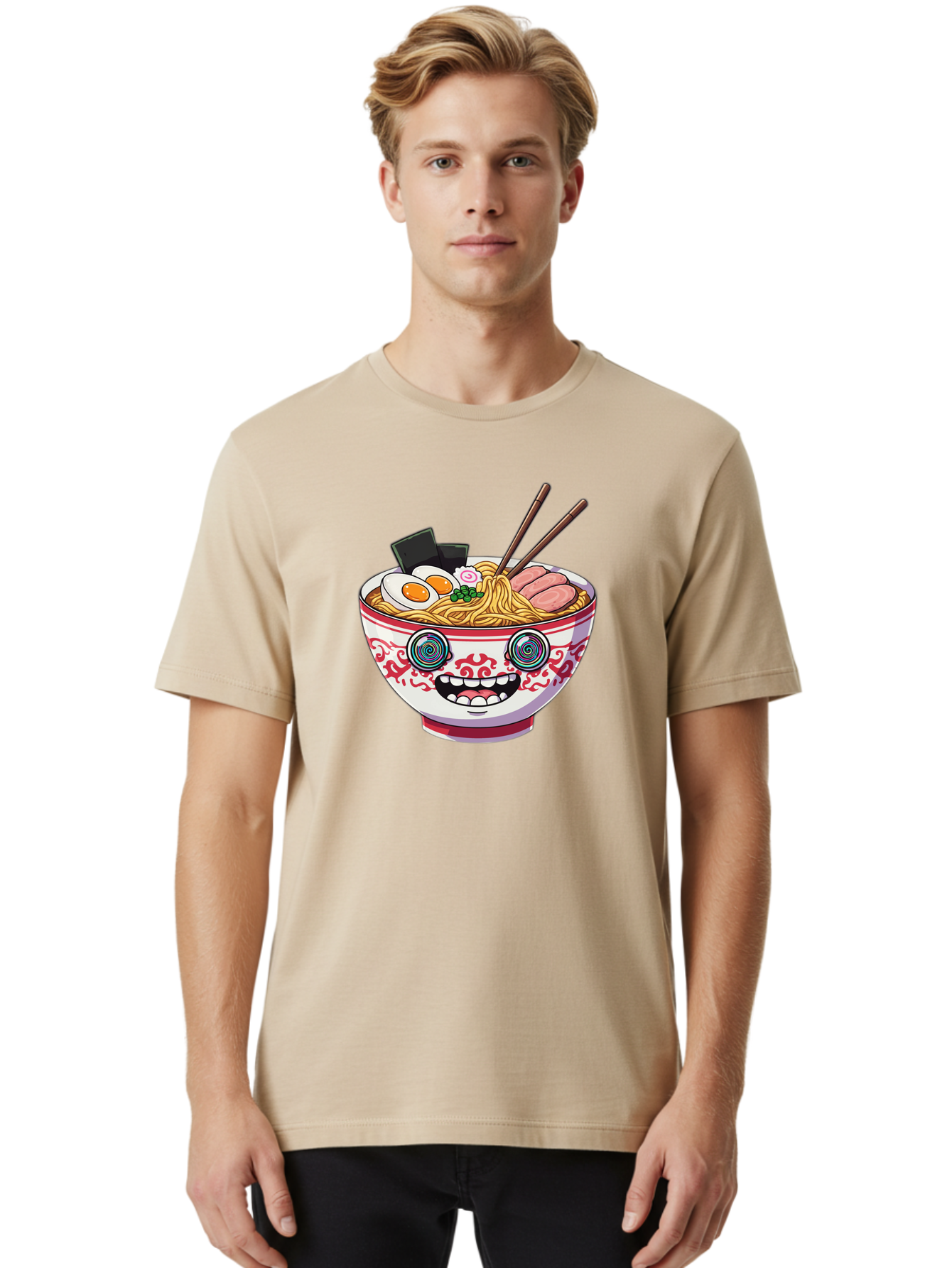 Ramen-Bowl-3 Men'S Graphic Tee, 100% Cotton, Comfortable Casual Summer Wear, Machine Washable, Cartoon Ramen, Bowl Of Noodles, Japanese Food, Noodle Soup, Eggs, Meat, Chopsticks, Kawaii Style, Anime-Inspired, Food Illustration, Colorful Dish, Bab293
