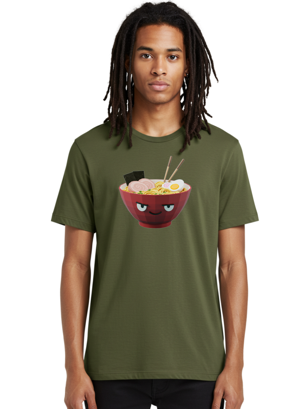 Ramen-Bowl-5 Men'S Graphic Tee, 100% Cotton, Comfortable Casual Summer Wear, Machine Washable, Cartoon Ramen Bowl, Angry Face, Ramen Noodles, Egg, Ham, Chopsticks, Japanese Food, Kawaii Style, Cartoon Character, Noodle Soup, Anime-Inspired Bab295