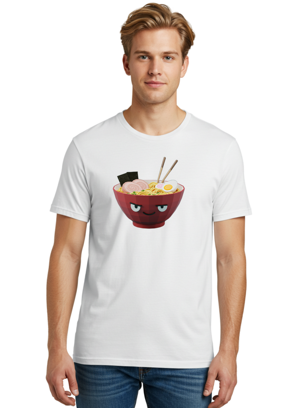 Ramen-Bowl-5 Men'S Graphic Tee, 100% Cotton, Comfortable Casual Summer Wear, Machine Washable, Cartoon Ramen Bowl, Angry Face, Ramen Noodles, Egg, Ham, Chopsticks, Japanese Food, Kawaii Style, Cartoon Character, Noodle Soup, Anime-Inspired Bab295